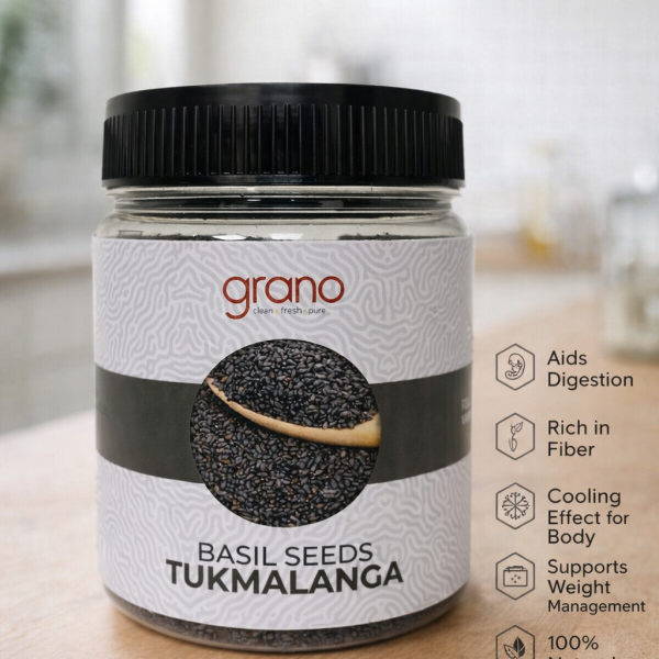 Grano Foods Premium Basil Seeds (Tukh Malanga) – Fresh, Clean & Naturally Cooling | 250g / 500g Jar
